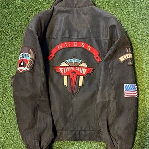 RARE Vintage Guess “Flyers Club” Men's Dark Brown Bomber Jacket Patches Size XL